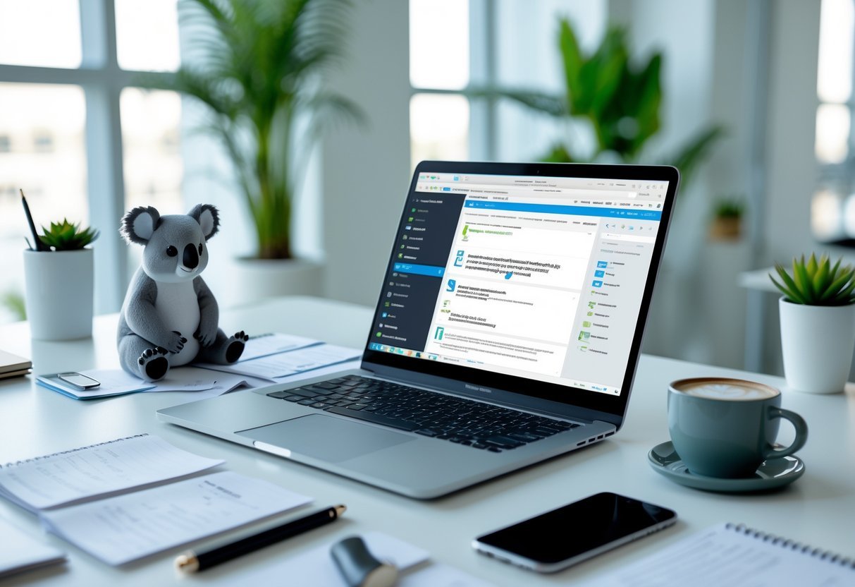 A modern workspace with a laptop, coffee cup, smartphone, and a small koala figurine on a desk in a bright office setting.