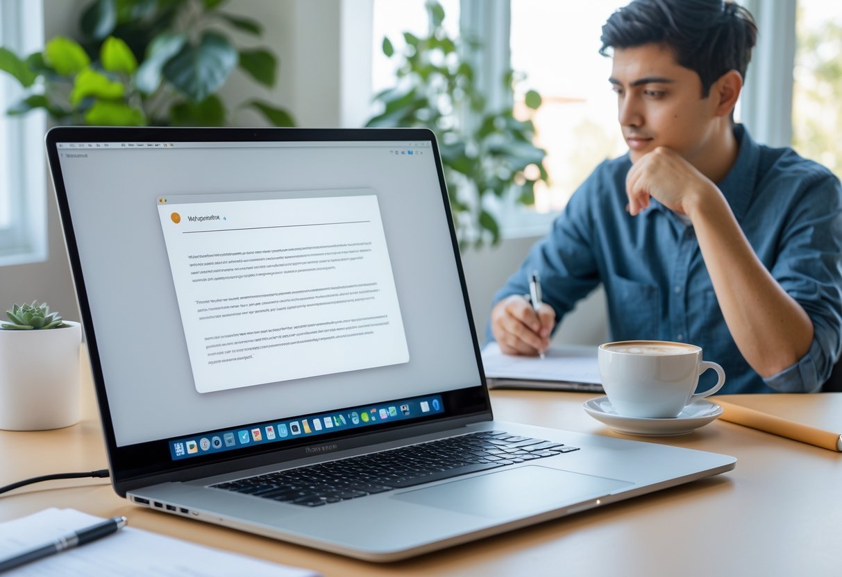 A person working on a laptop at a bright desk with a notebook, pen, and coffee cup nearby.