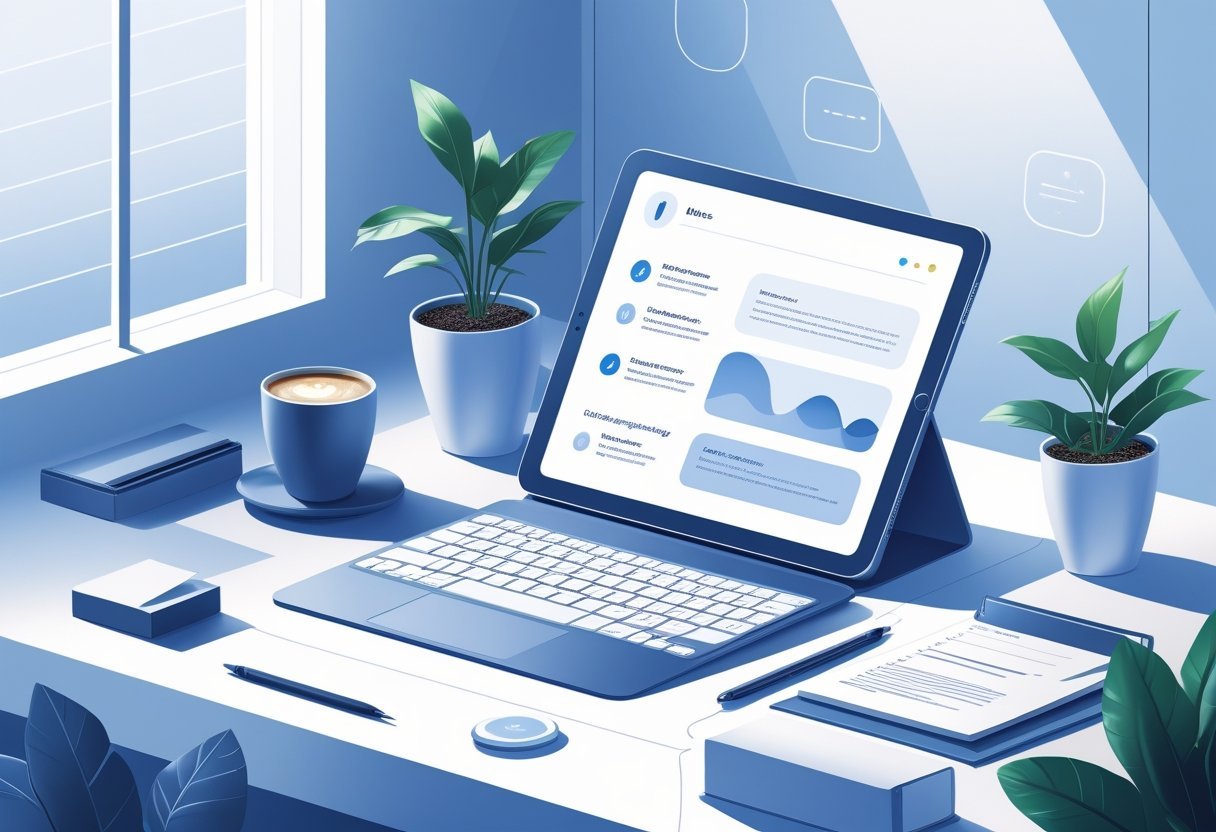 A workspace with a tablet showing a digital note-taking and task management interface, surrounded by office items like a coffee cup and plant.