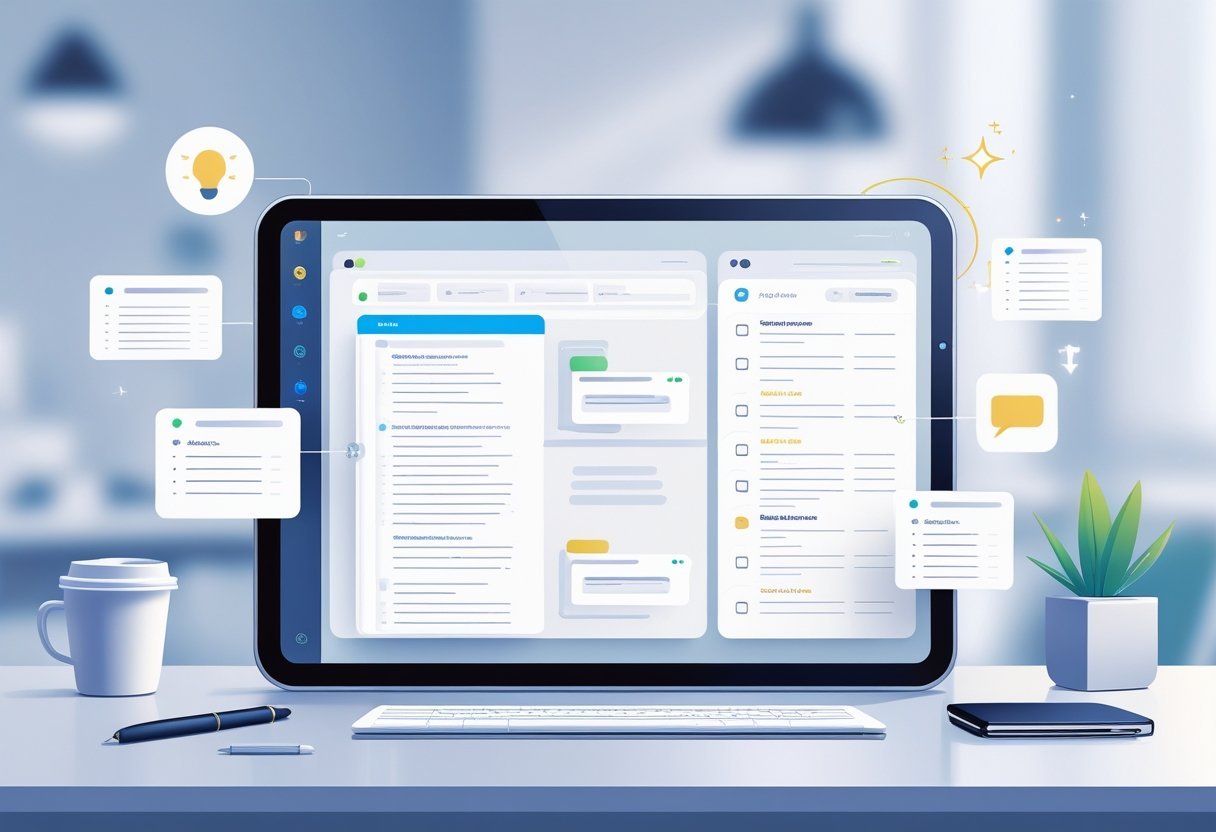 A workspace with a digital device showing organized notes and task lists, surrounded by office items on a tidy desk.