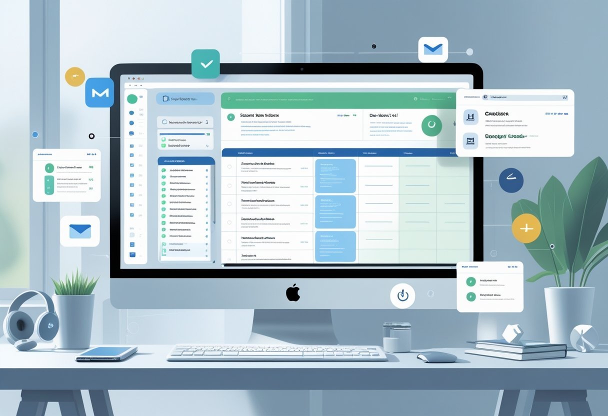 A modern workspace with a computer showing organized notes and tasks, surrounded by icons representing email and task automation.