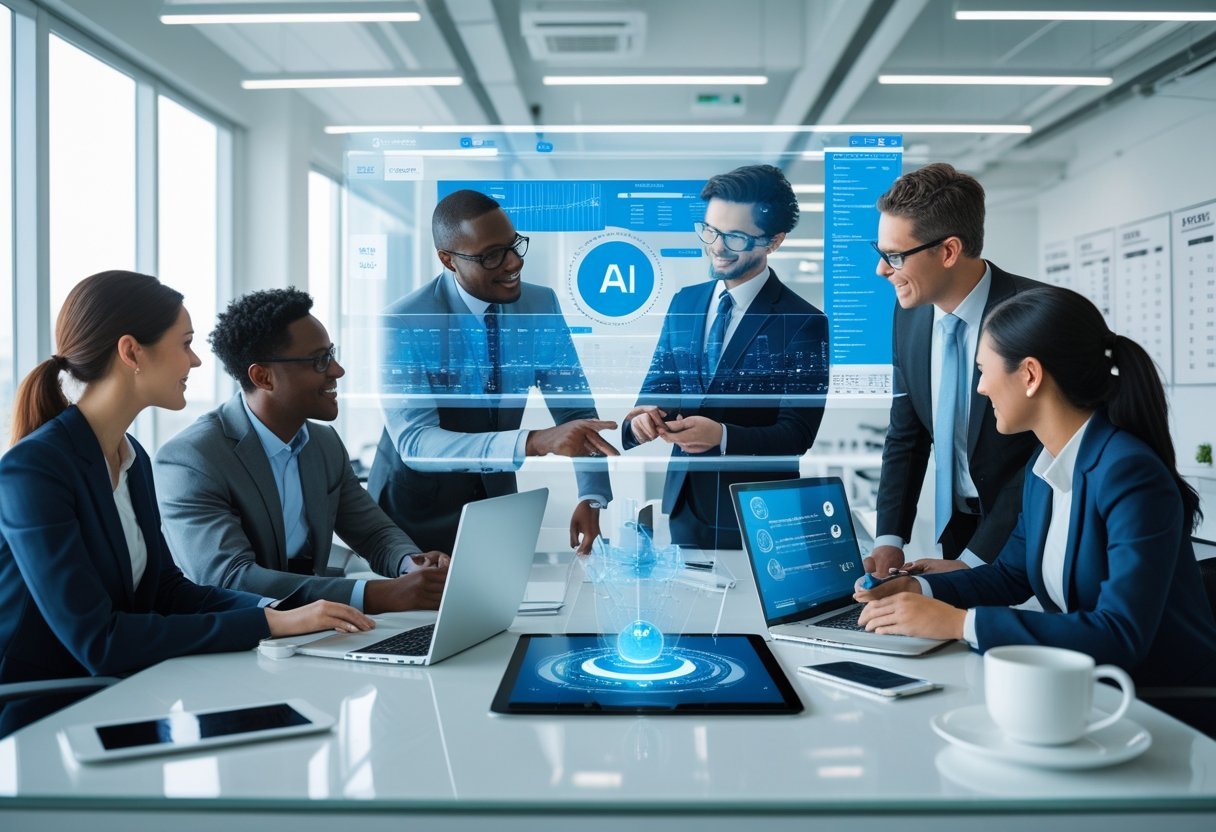 A group of professionals working together around a desk with digital devices displaying AI interfaces and charts in a modern office.