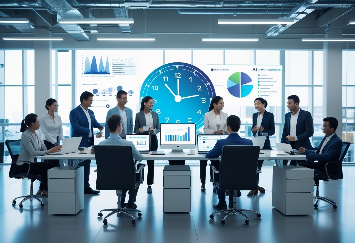 A group of professionals working together at a desk with digital devices showing AI graphics and a clock in the background representing time management.