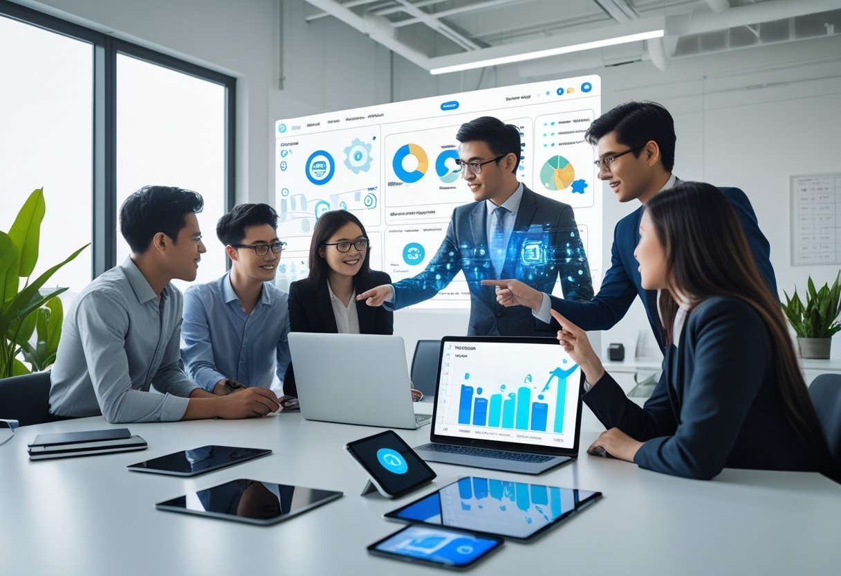 A group of young professionals working together around a desk with laptops and tablets displaying AI-related graphics in a bright office.