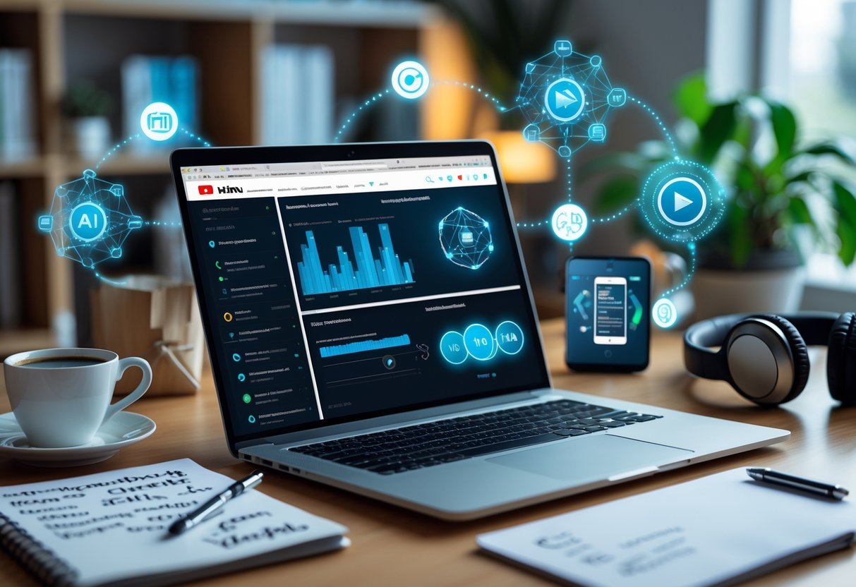 7 Ways to Make Money on YouTube Using AI Tools Even Without Showing Your Face A home office desk with a laptop showing YouTube analytics and AI tools, surrounded by tech icons, a notebook, coffee cup, headphones, and a blurred background.