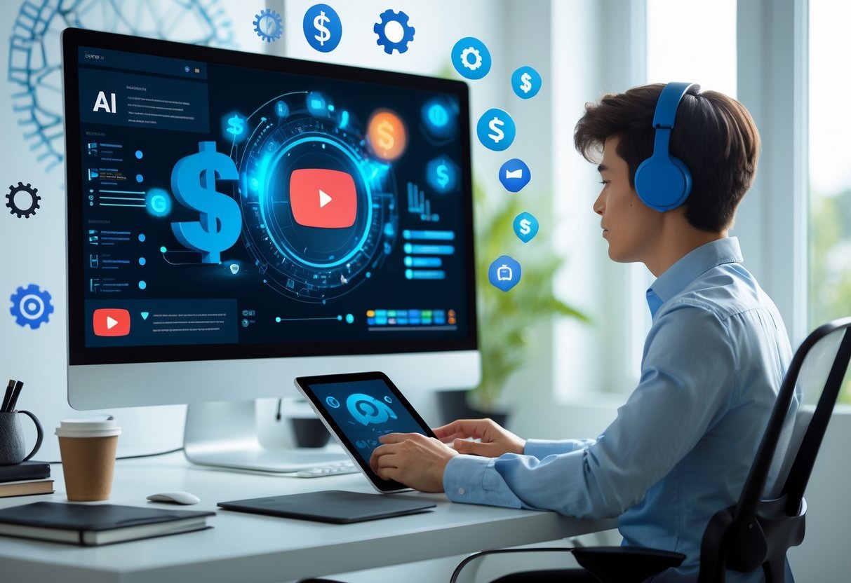 7 Ways to Make Money on YouTube Using AI Tools Even Without Showing Your Face A person working at a desk with a computer and tablet surrounded by digital icons representing AI tools and YouTube monetization in a bright home office.