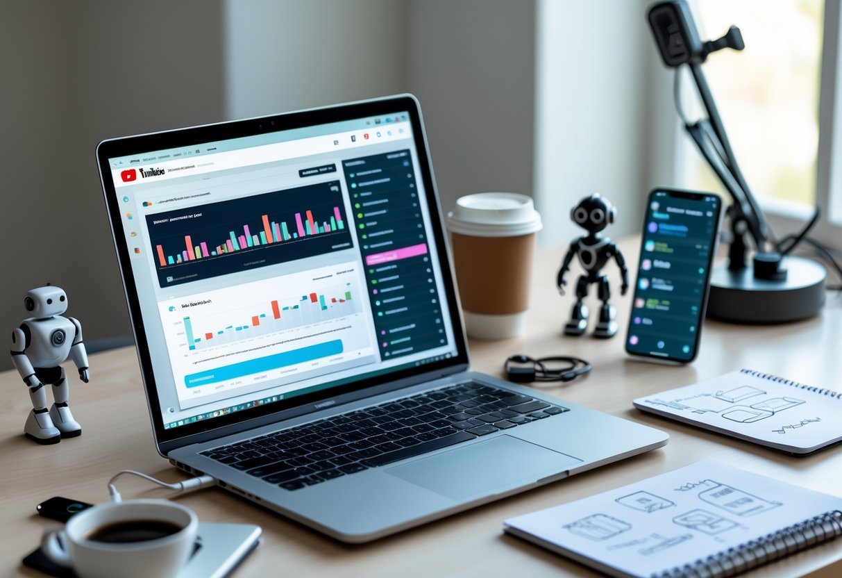 7 Ways to Make Money on YouTube Using AI Tools Even Without Showing Your Face A modern workspace with a laptop showing YouTube analytics, a smartphone displaying AI tools, and tech gadgets on a desk.