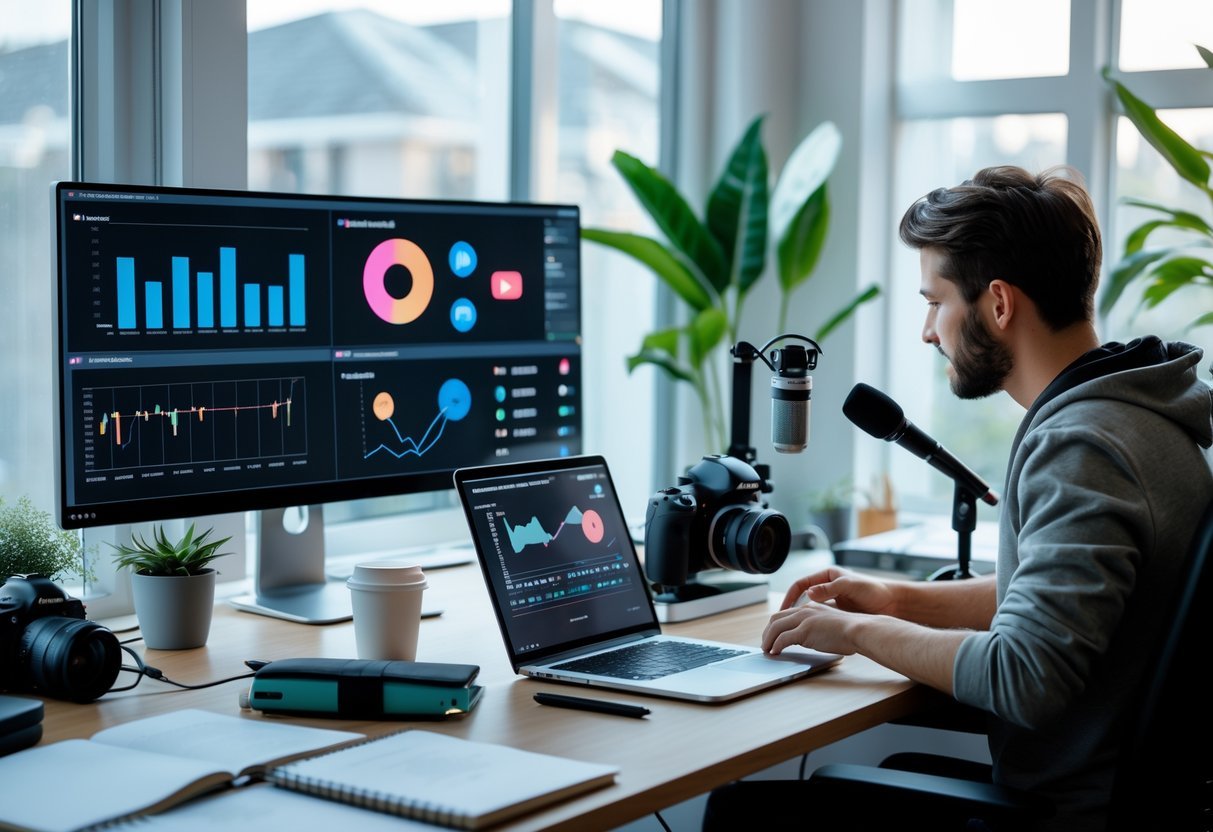 7 Ways to Make Money on YouTube Using AI Tools Even Without Showing Your Face A person working at a desk with a computer showing video editing and AI tool graphics, surrounded by content creation equipment in a bright, organized workspace.