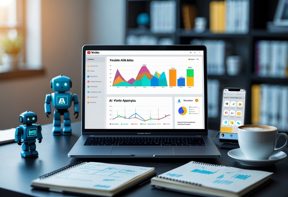 7 Ways to Make Money on YouTube Using AI Tools Even Without Showing Your Face A laptop showing YouTube analytics on a desk with AI-related items and a cup of coffee in a bright office setting.