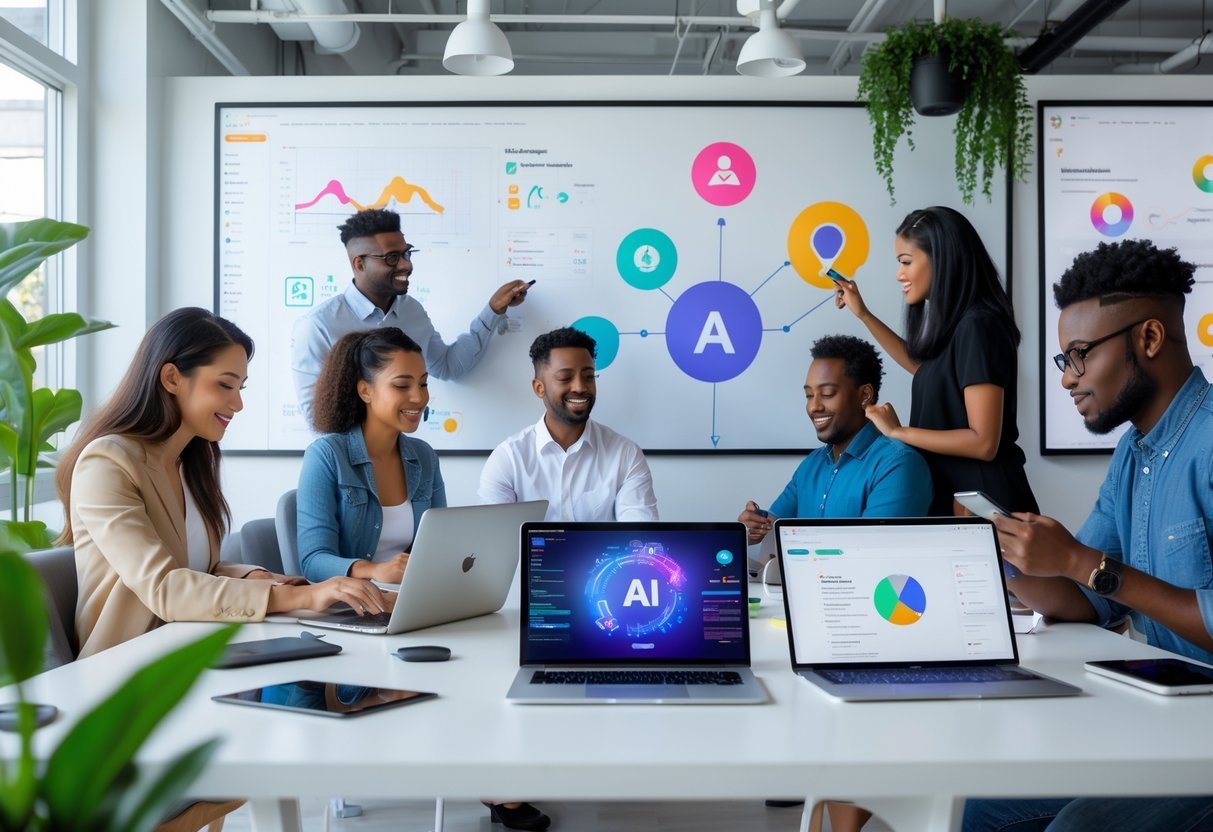 10 AI Side Hustles Anyone Can Start With Zero Coding Skills A diverse group of people working together in a modern office using laptops, tablets, and whiteboards with AI-related visuals and tools.