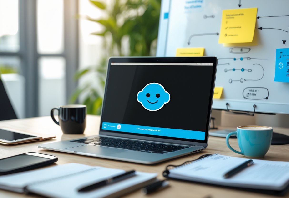 10 AI Side Hustles Anyone Can Start With Zero Coding Skills A clean workspace with a laptop, smartphone, notebook, and coffee cup, showing tools for starting AI side hustles without coding skills.