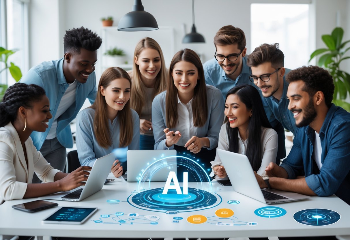 10 AI Side Hustles Anyone Can Start With Zero Coding Skills A group of young adults working together around a table with laptops and digital devices in a bright modern office.
