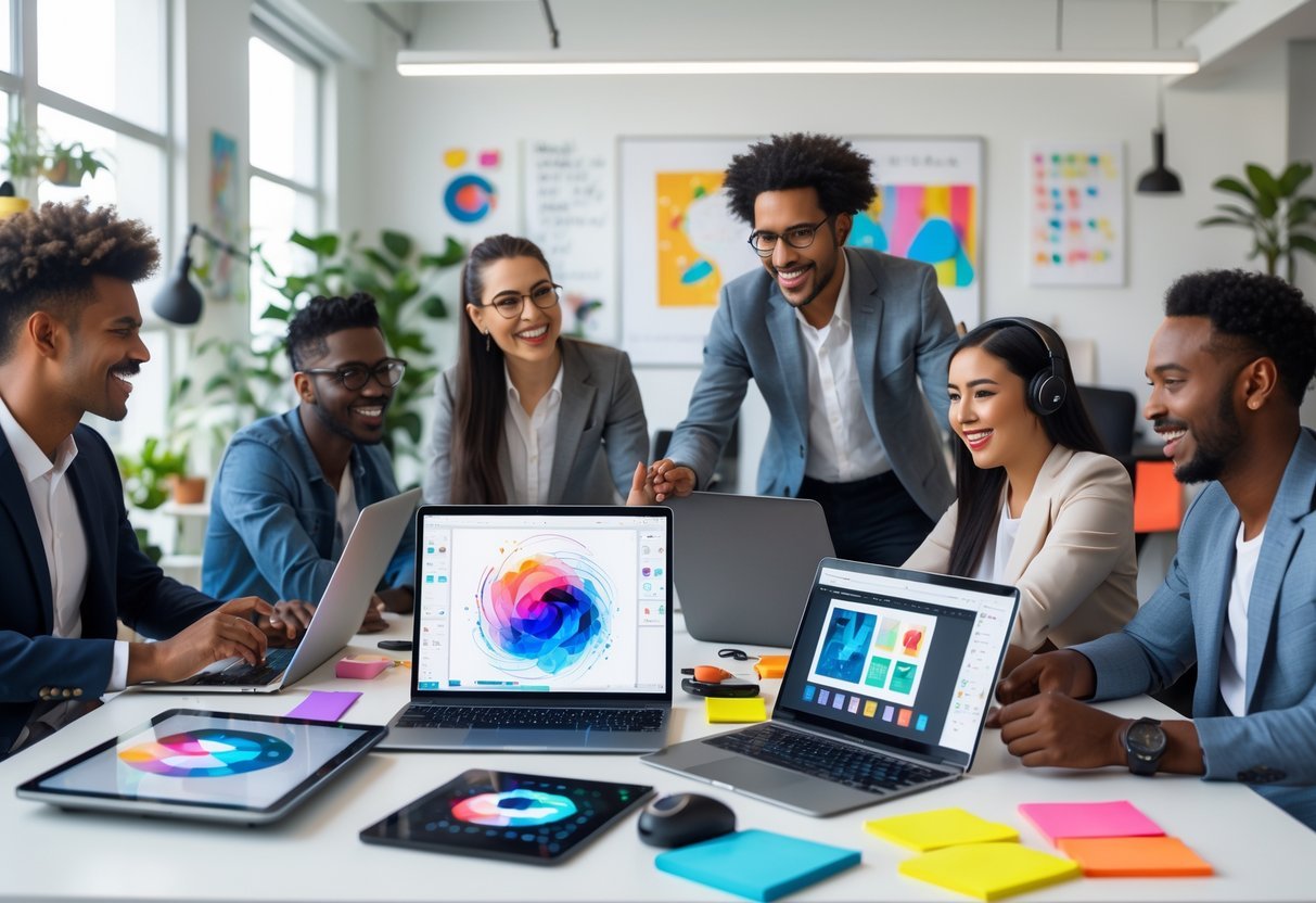 10 AI Side Hustles Anyone Can Start With Zero Coding Skills A group of young professionals working together on laptops and tablets in a bright office, surrounded by creative tools and natural light.