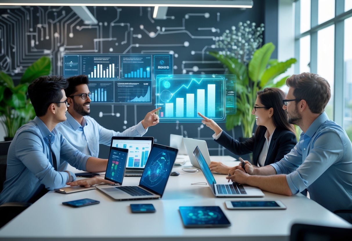 10 AI Side Hustles Anyone Can Start With Zero Coding Skills A group of young professionals collaborating around a desk with laptops and digital devices showing AI and marketing visuals in a bright modern office.