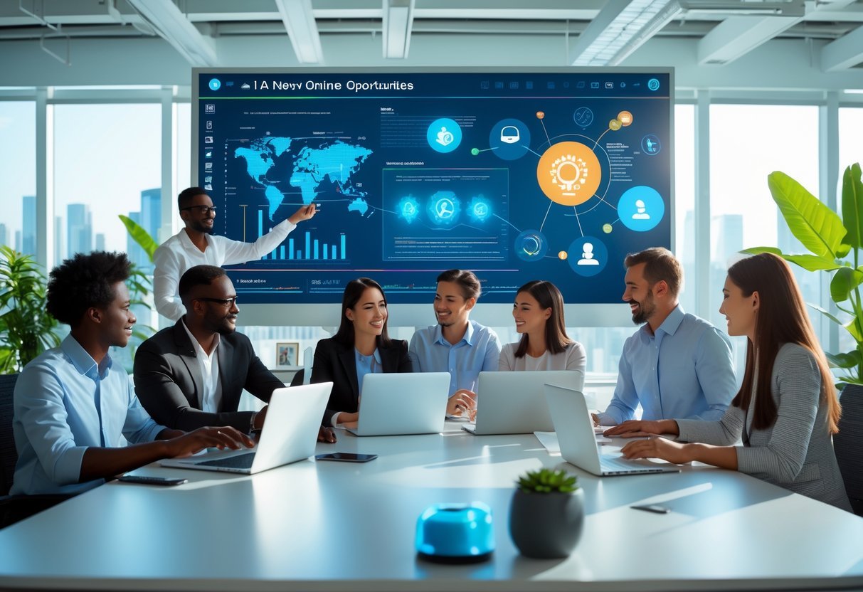 How AI Is Creating New Jobs Online — and How to Start One Today People working together in a modern office with laptops and digital screens showing AI-related graphics.
