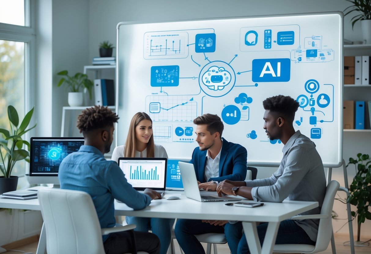 How AI Is Creating New Jobs Online — and How to Start One Today A group of young adults working together in a bright home office with laptops, video calls, and a whiteboard showing diagrams.