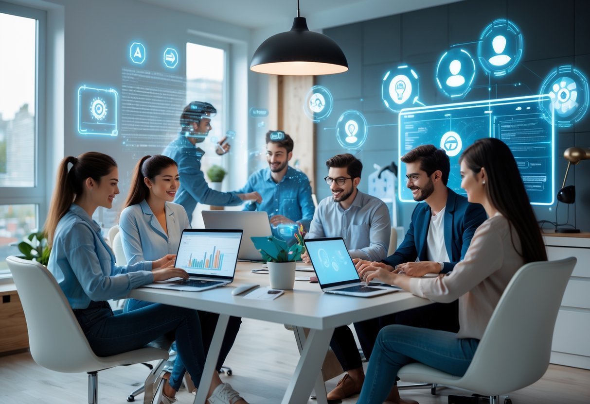 How AI Is Creating New Jobs Online — and How to Start One Today A diverse group of people working with laptops and tablets in a modern office, surrounded by digital AI graphics and holograms representing new online AI-driven jobs.