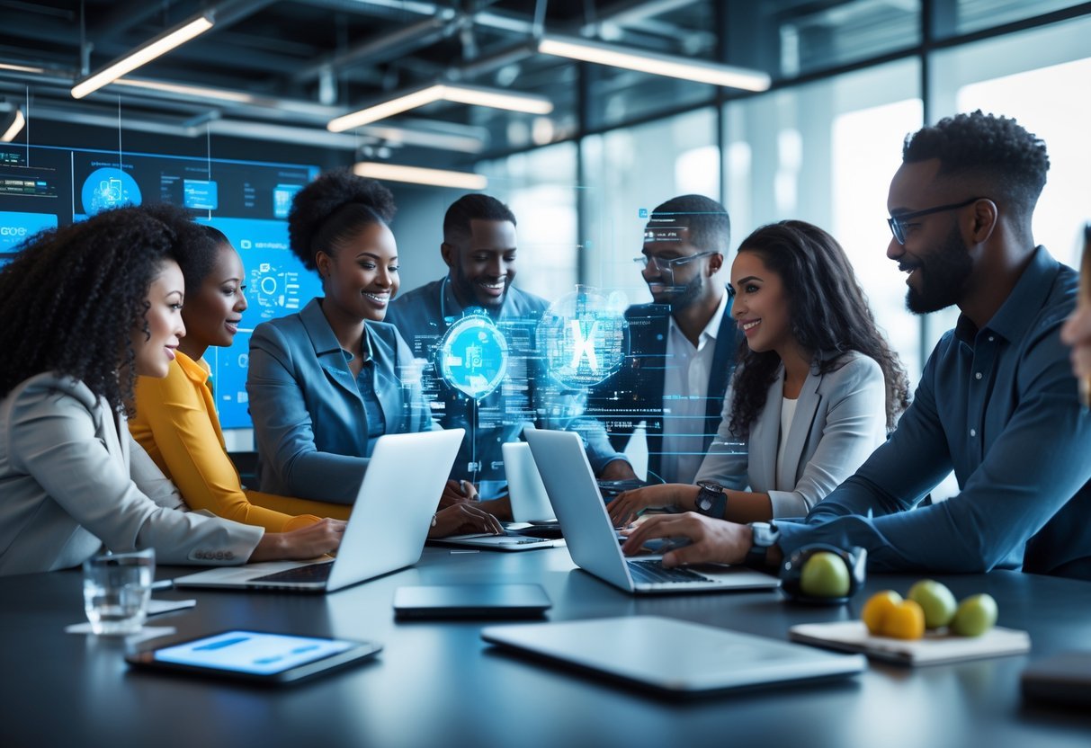 How AI Is Creating New Jobs Online — and How to Start One Today A diverse group of people collaborating around a conference table with laptops and digital devices in a modern office setting.