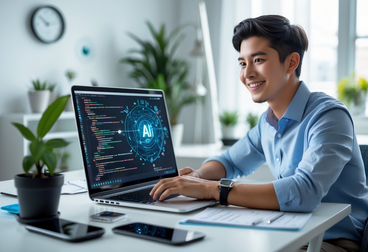 How AI Is Creating New Jobs Online — and How to Start One Today A young professional working on a laptop in a bright home office with AI code visible on the screen.