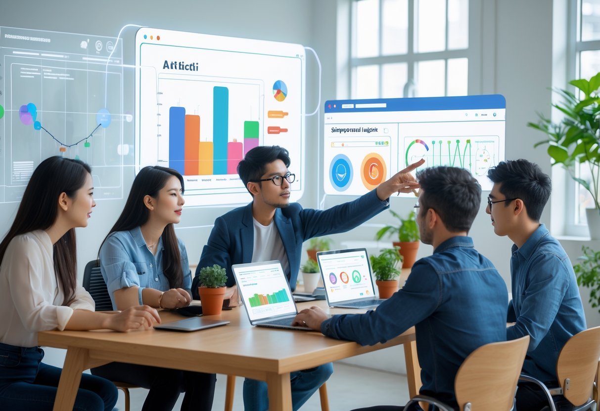 The Ultimate Beginner’s Guide to AI: Simple Tools That Do the Hard Work for You A group of young adults working together around a table with laptops, discussing simple AI tools in a bright, modern workspace.