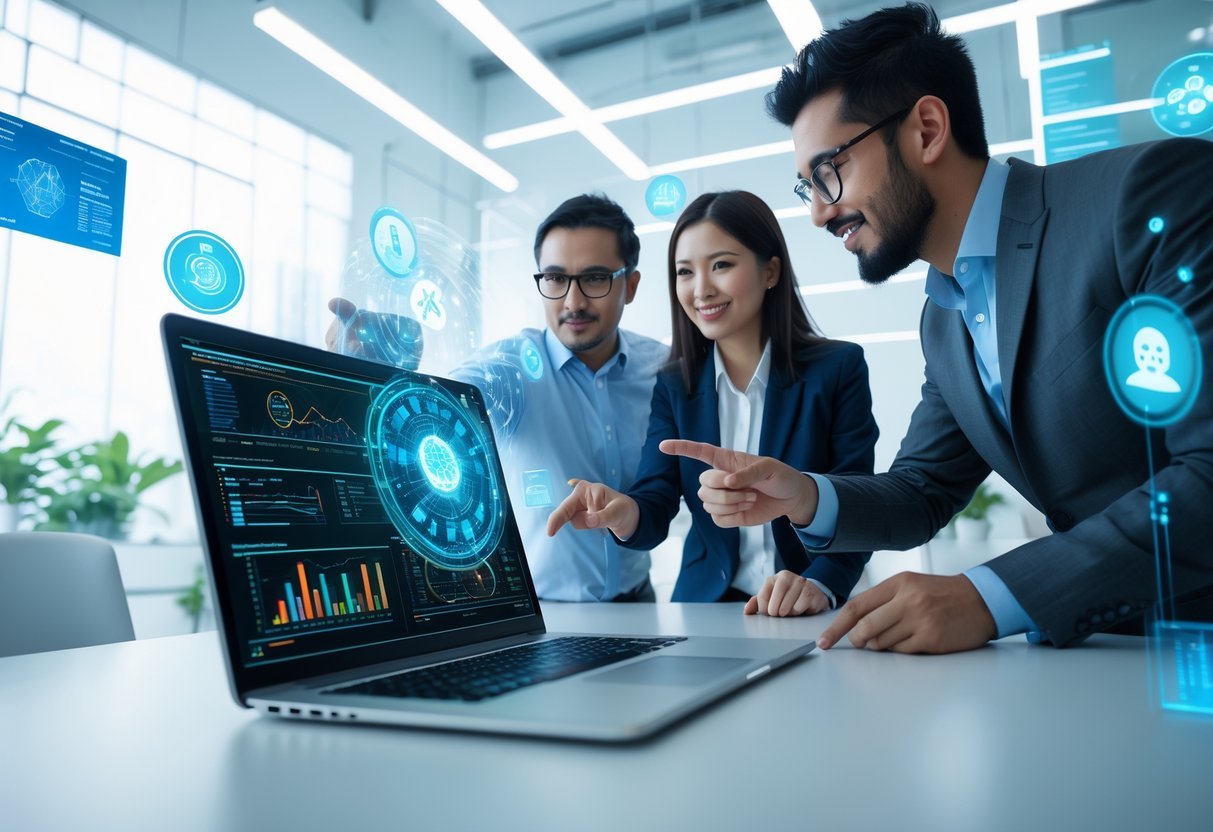 The Ultimate Beginner’s Guide to AI: Simple Tools That Do the Hard Work for You A group of professionals discussing AI concepts around a laptop with digital data visualizations in a modern office.
