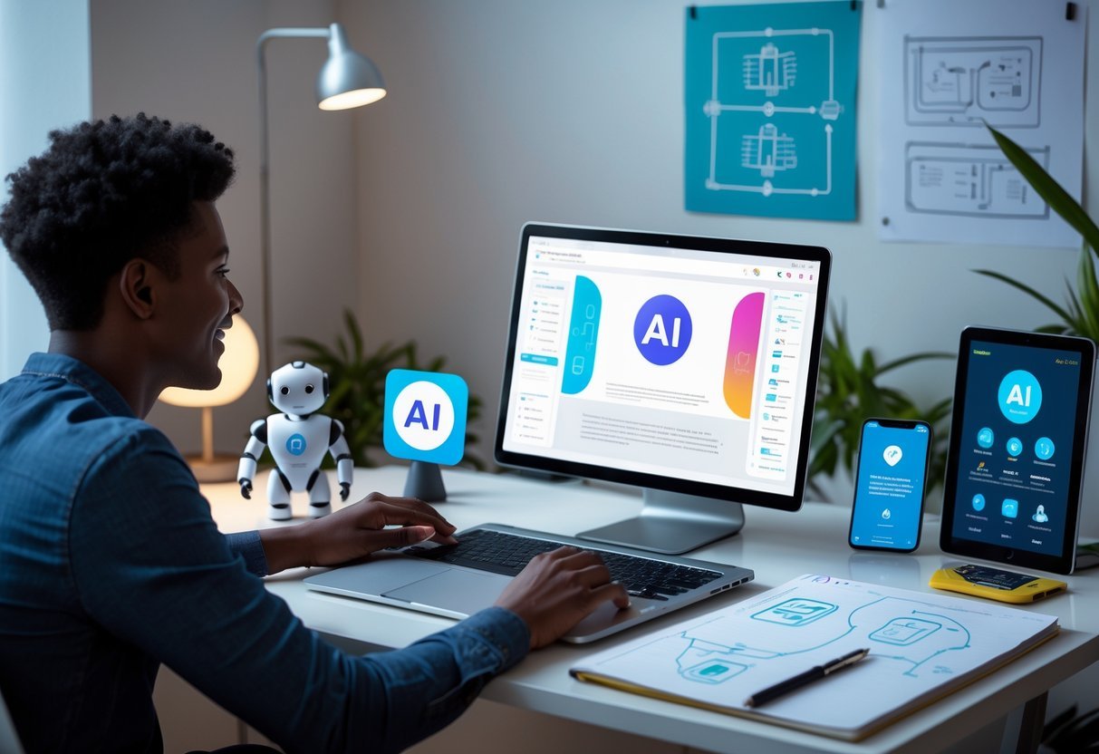 The Ultimate Beginner’s Guide to AI: Simple Tools That Do the Hard Work for You A person using a laptop at a desk surrounded by AI-related items like a robot figurine, smartphone, and notebook with drawings, in a modern workspace.