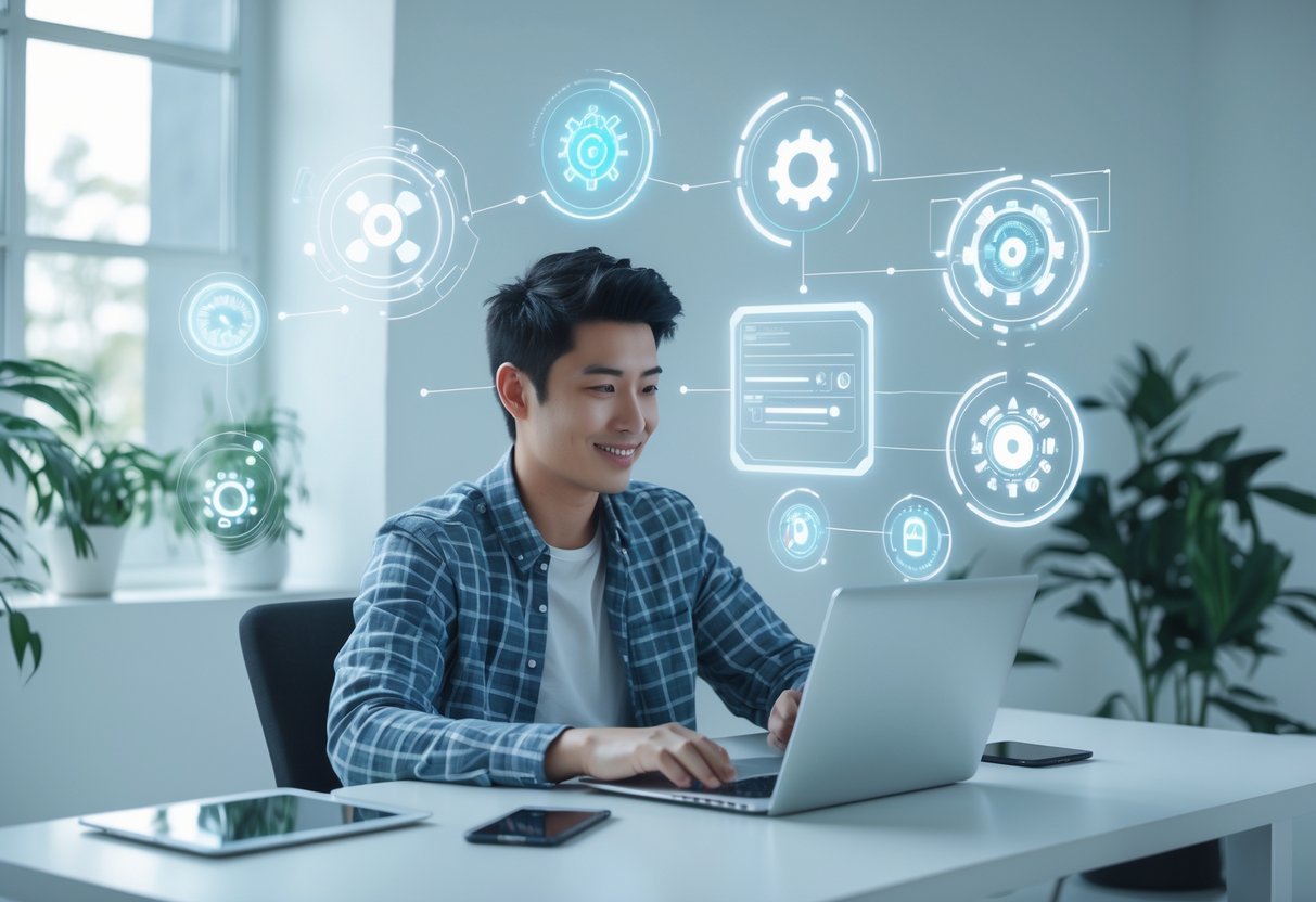 The Ultimate Beginner’s Guide to AI: Simple Tools That Do the Hard Work for You A person sitting at a desk using a laptop with digital AI icons floating nearby in a bright, modern workspace.