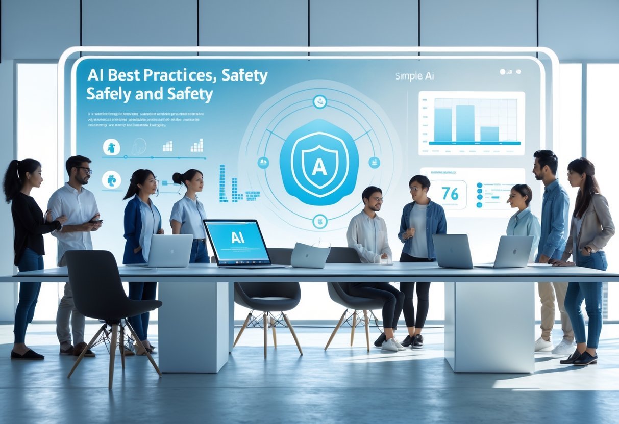 The Ultimate Beginner’s Guide to AI: Simple Tools That Do the Hard Work for You A group of people working together with laptops and digital devices showing AI graphics in a bright modern office.