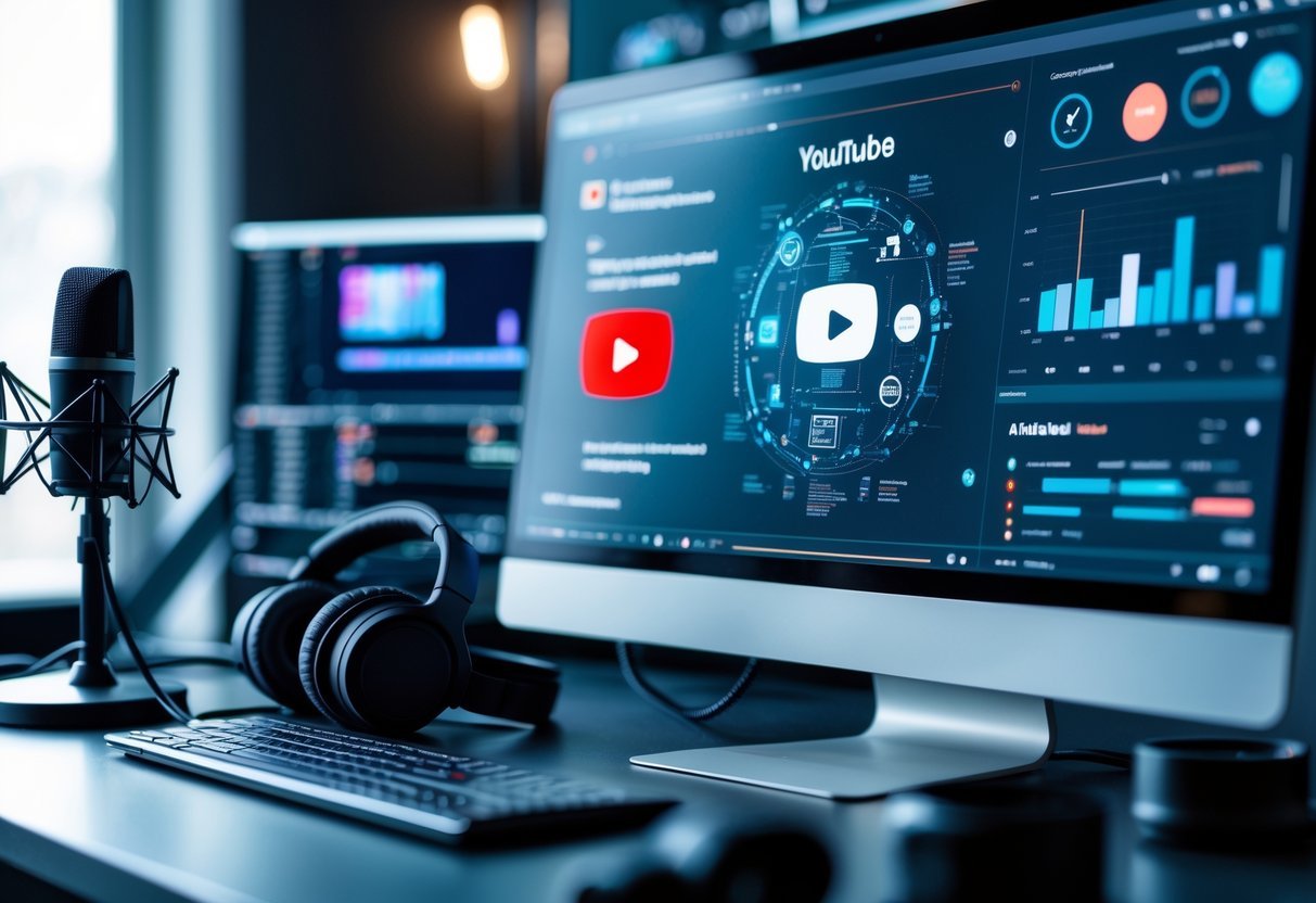 The Secret AI Strategy Behind Faceless YouTube Channels A modern digital workspace with a computer monitor showing digital graphs and AI icons, surrounded by content creation tools like a microphone and headphones, with no people visible.