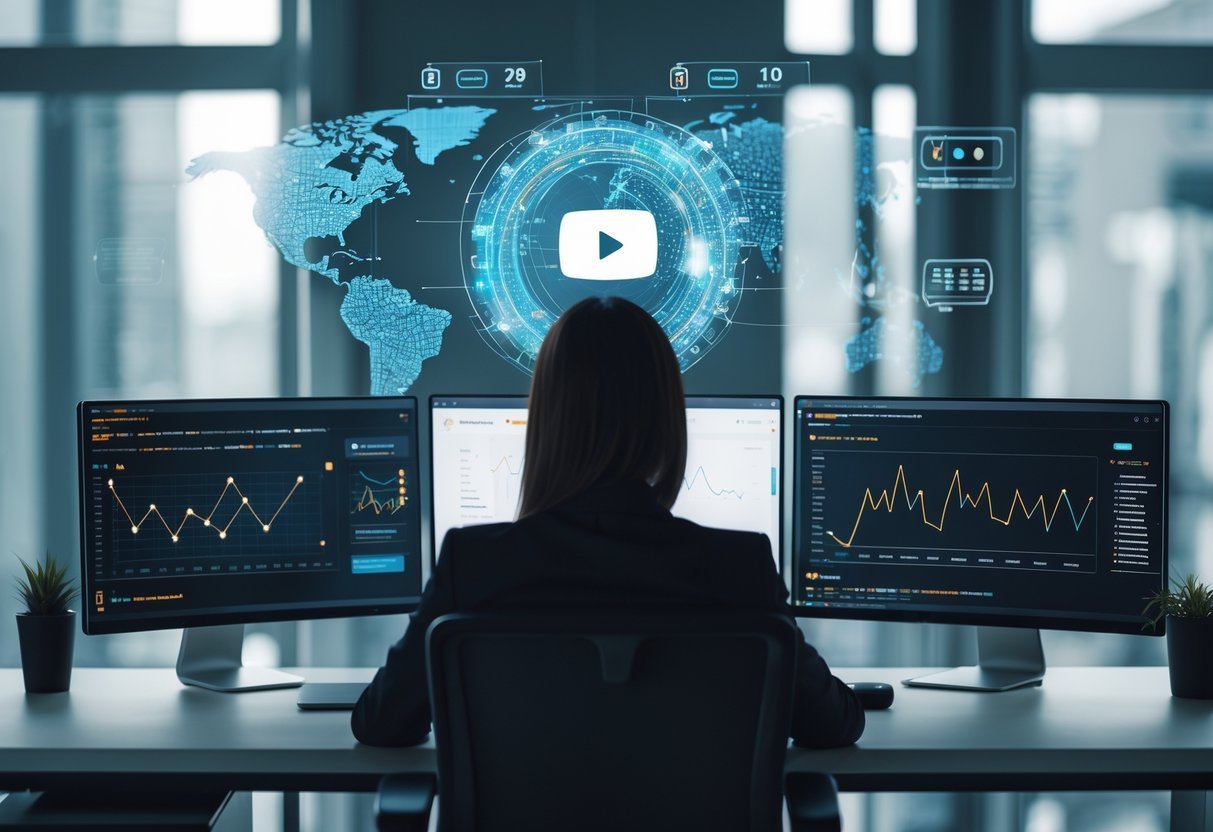 The Secret AI Strategy Behind Faceless YouTube Channels A person sitting at a desk with multiple computer screens showing data and YouTube-related icons, with their face out of view, surrounded by digital and futuristic technology elements.
