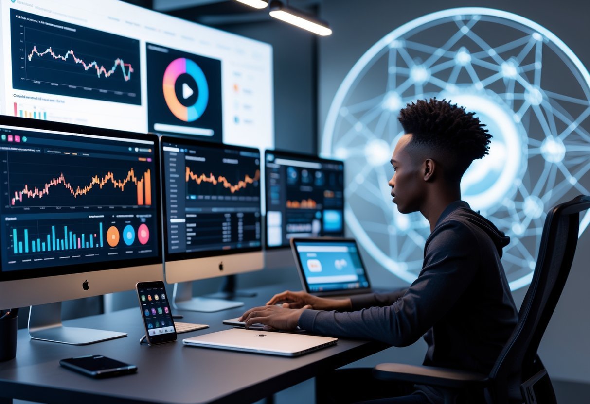 The Secret AI Strategy Behind Faceless YouTube Channels A person working at a desk with multiple screens showing video analytics and editing tools, surrounded by devices and digital elements representing AI and online content optimization.