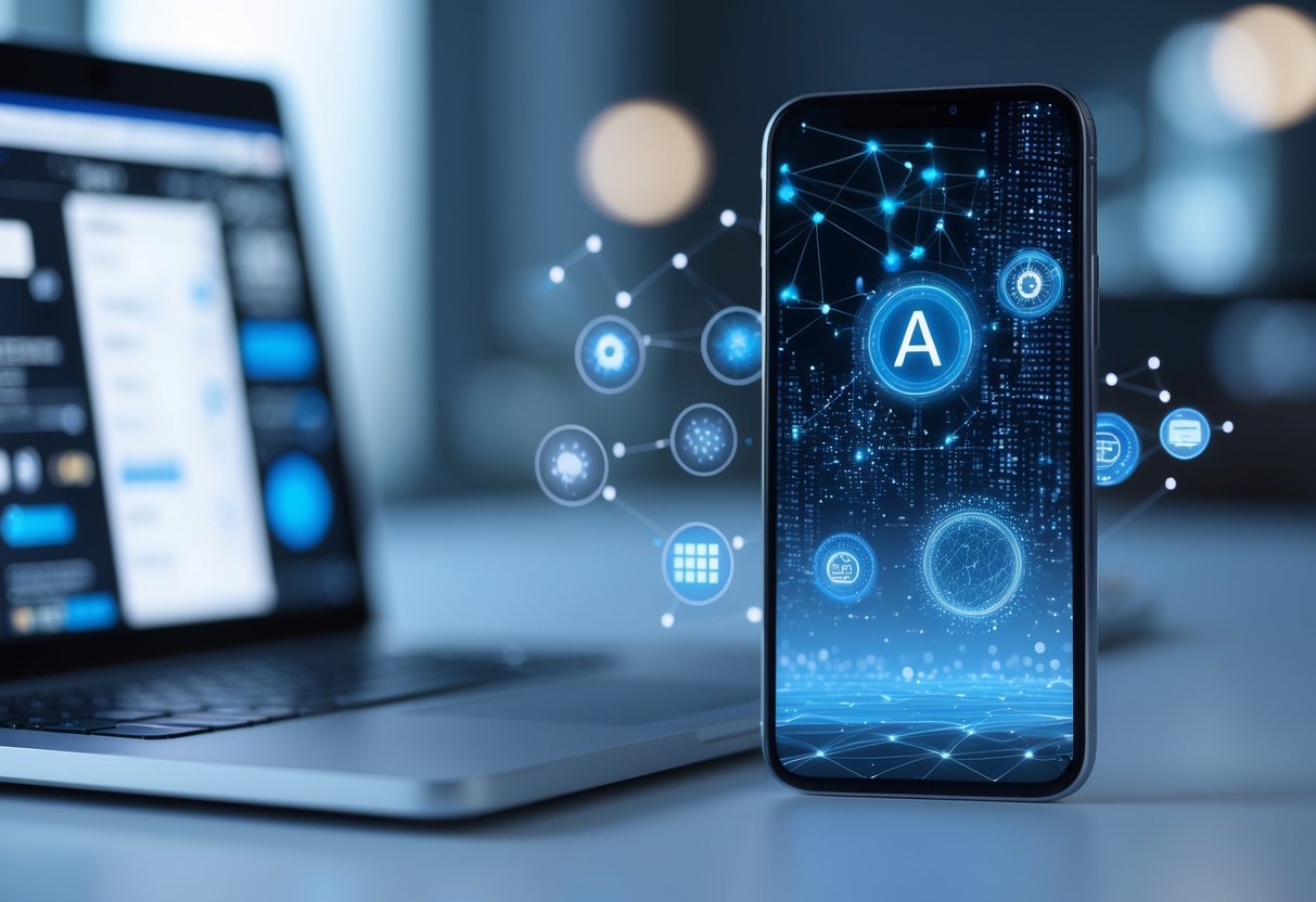 The Hidden AI Features Inside Apps You Already Use Every Day A modern workspace with a smartphone and laptop showing glowing digital icons and abstract AI graphics on the screens.