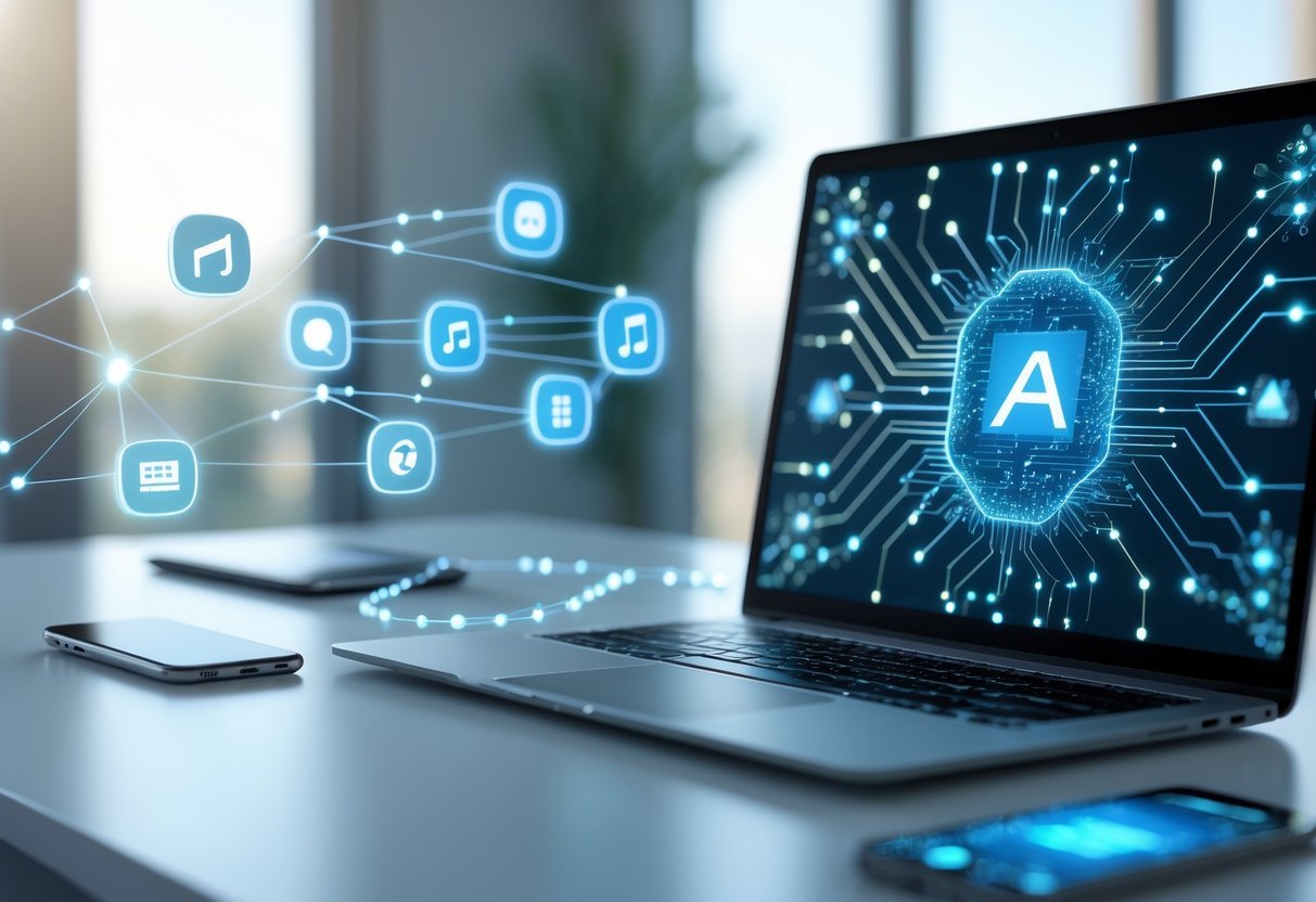 The Hidden AI Features Inside Apps You Already Use Every Day A modern workspace with a laptop and smartphone displaying digital circuit patterns, surrounded by floating icons representing common app features connected by glowing lines.