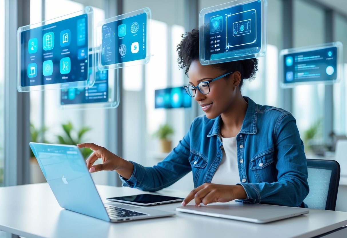 The Hidden AI Features Inside Apps You Already Use Every Day A person interacting with floating holographic screens above a desk in a modern office environment.