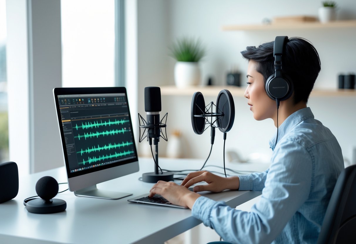 Why AI Voice Cloning Could Be the Next Big Side Hustle and How to Start Safely Today A person working at a desk with a laptop, microphone, and headphones in a bright home office setting.