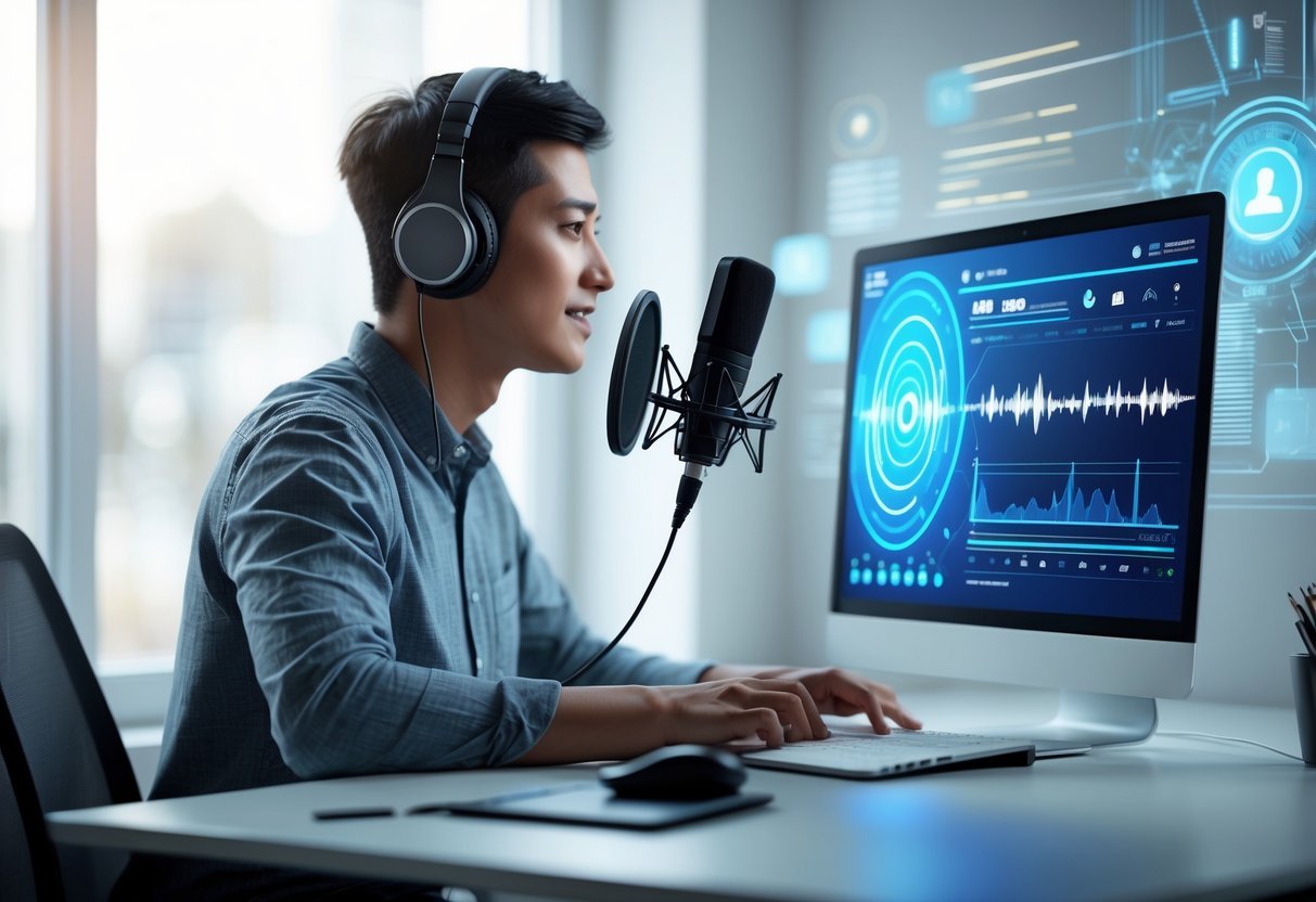 Why AI Voice Cloning Could Be the Next Big Side Hustle and How to Start Safely Today A person wearing headphones speaks into a microphone at a desk with a laptop showing audio waveforms and AI graphics.