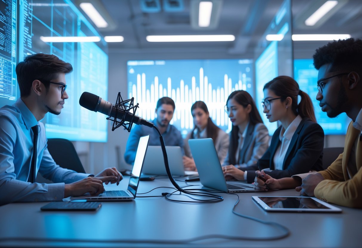 Why AI Voice Cloning Could Be the Next Big Side Hustle and How to Start Safely Today A group of young professionals working together at a desk with audio equipment and laptops, engaged in a voice recording and AI technology project.