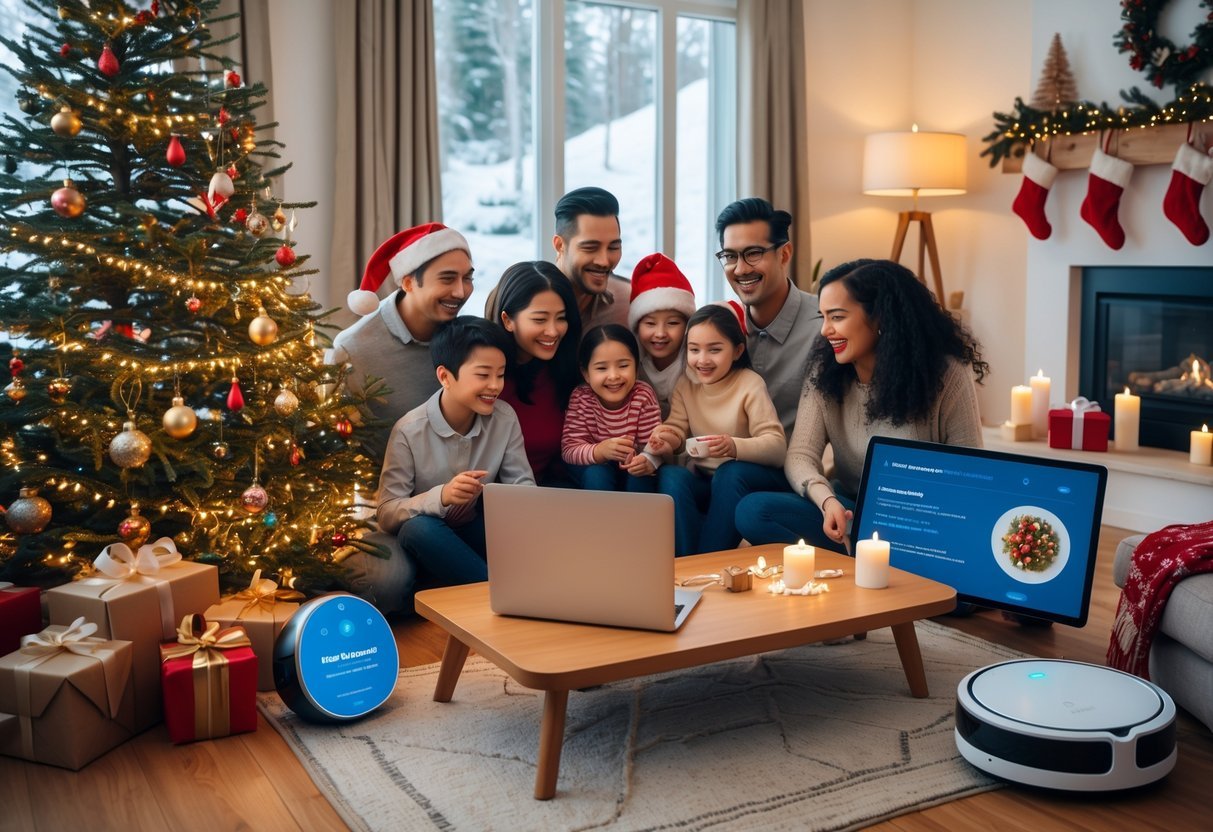 10 Fun Ways to Use AI This Christmas That Actually Make the Holidays Easier A family in a living room decorated for Christmas using AI devices like a laptop, smart speaker, and robot vacuum to help with holiday tasks.