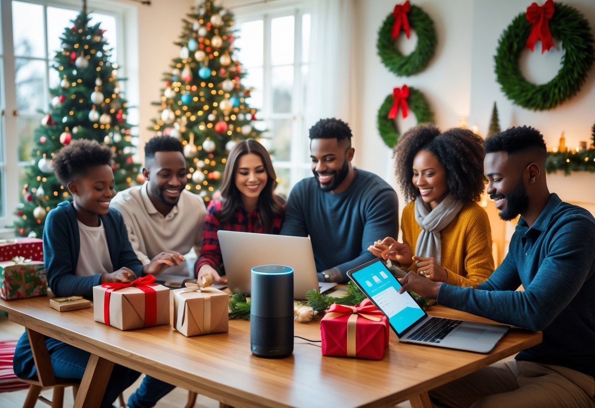 10 Fun Ways to Use AI This Christmas That Actually Make the Holidays Easier A family using AI devices like a laptop and smart speaker in a decorated living room with a Christmas tree and presents.