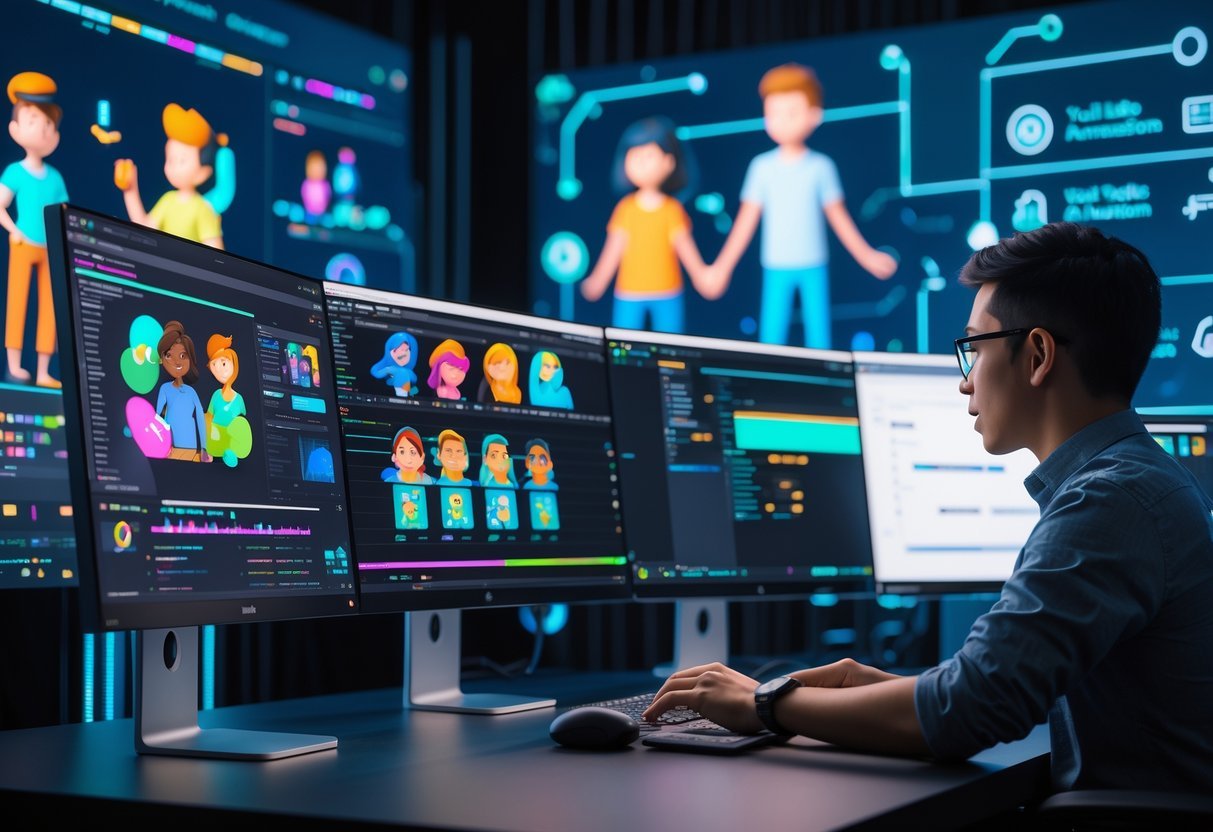 AI Animation and Viral YouTube Channels Driving AI Content Creation and Video Trends A person working at a desk with multiple monitors showing animated video editing software and AI tools for YouTube animation.