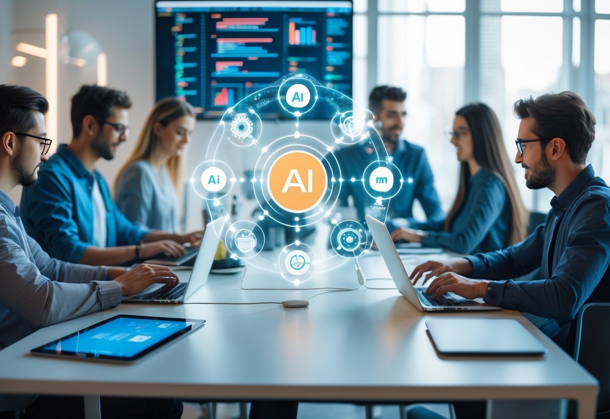 AI on Fiverr: Boost Your Freelance Gigs and Productivity with Automation and Content Creation Tools A group of freelancers working with laptops and digital devices in a bright, modern workspace with digital AI icons floating around them.