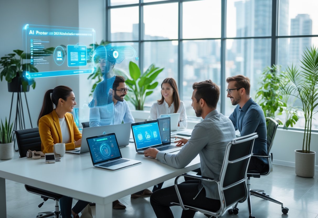 AI on Fiverr: Boost Your Freelance Gigs and Productivity with Automation and Content Creation Tools A group of freelancers working together at a bright office desk with laptops and digital devices, surrounded by plants and natural light, using AI tools to enhance productivity.