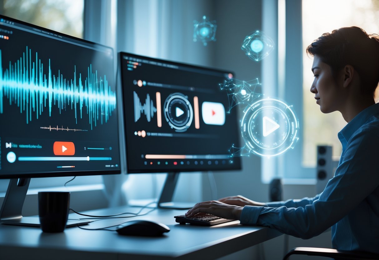 The New Era of Faceless Channels: How AI Narrators and Voiceover Tools Are Revolutionizing YouTube A person typing at a computer desk with multiple monitors showing audio waveforms and AI graphics, surrounded by floating digital icons representing video and sound, with no faces visible.