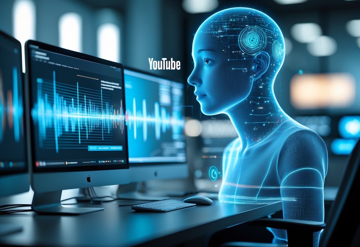 The New Era of Faceless Channels: How AI Narrators and Voiceover Tools Are Revolutionizing YouTube A futuristic workspace with computer screens showing digital waveforms and a holographic faceless AI avatar representing AI narrators for YouTube content.
