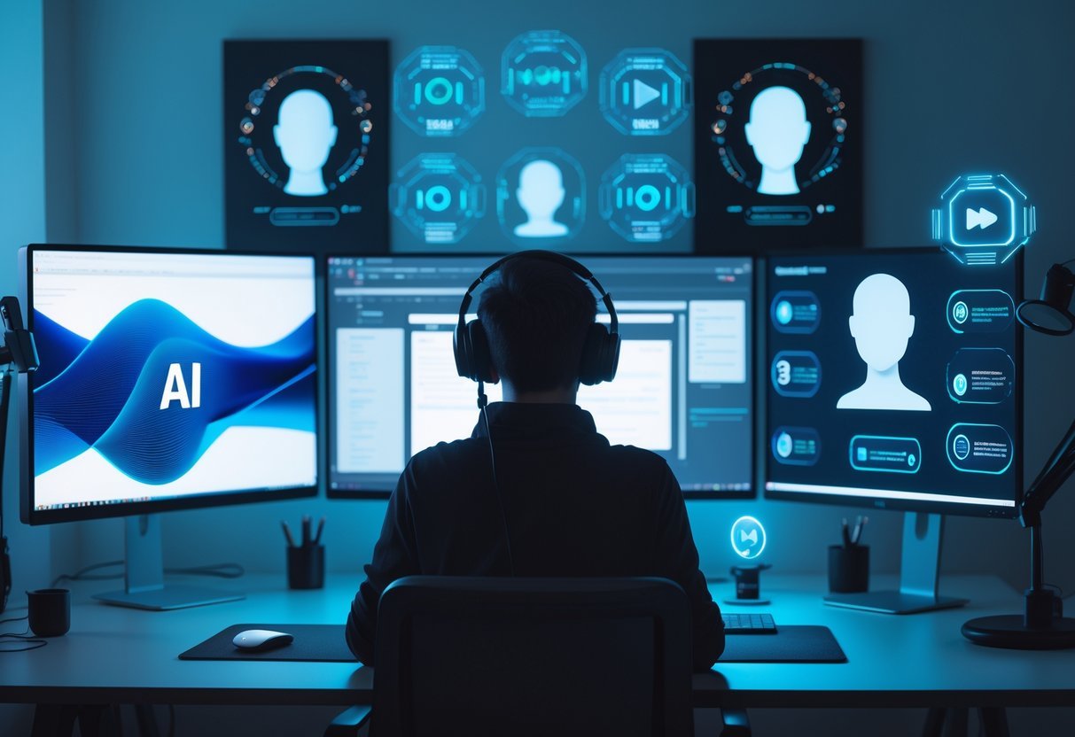 The New Era of Faceless Channels: How AI Narrators and Voiceover Tools Are Revolutionizing YouTube A person at a desk with headphones and a microphone, their face obscured, working with multiple computer screens showing abstract AI visuals and digital avatars.